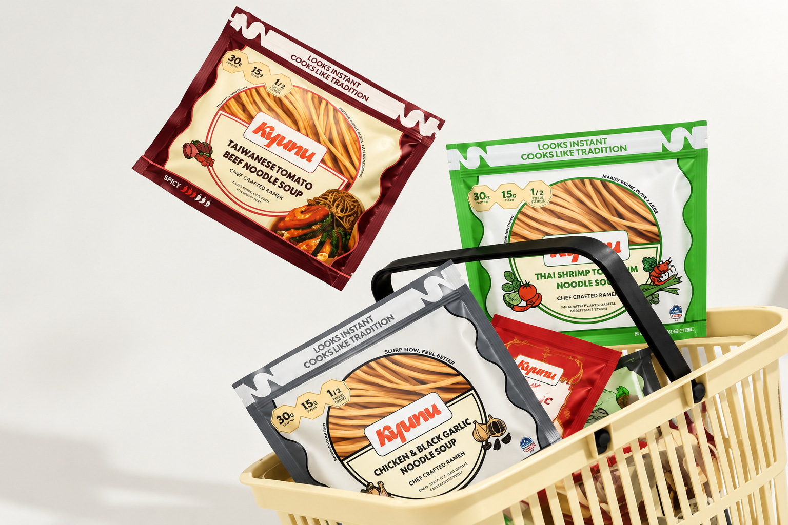 Three KYUNU noodle soup pouches in different colors sit inside and above a shopping basket.