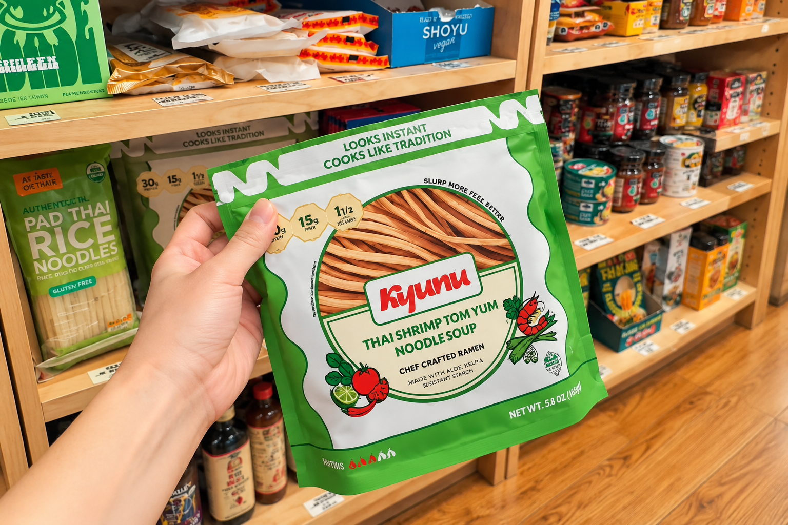 A hand holds a green KYUNU Thai shrimp tom yum noodle soup pouch in a grocery aisle.