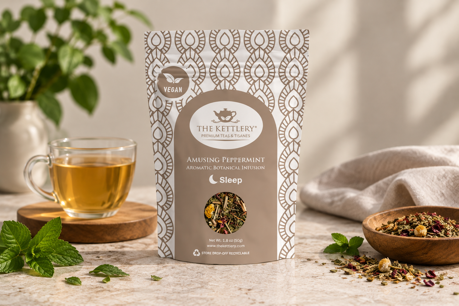 A patterned The Kettlery Amusing Peppermint tea pouch stands beside a glass of tea and loose botanicals.
