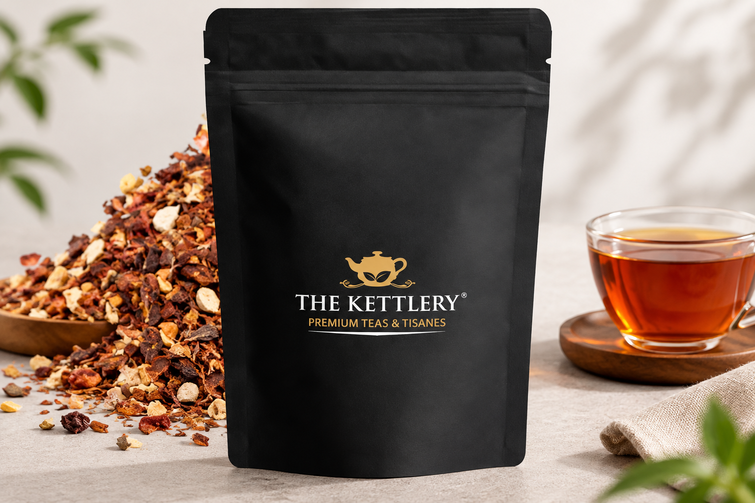 A black The Kettlery stand-up tea pouch is displayed beside a glass of tea and loose leaves.