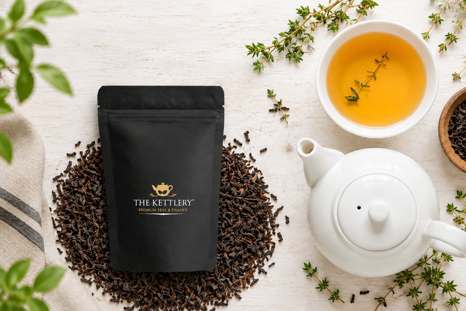 A black The Kettlery tea pouch sits among loose tea, a teapot, a cup, and botanical ingredients.