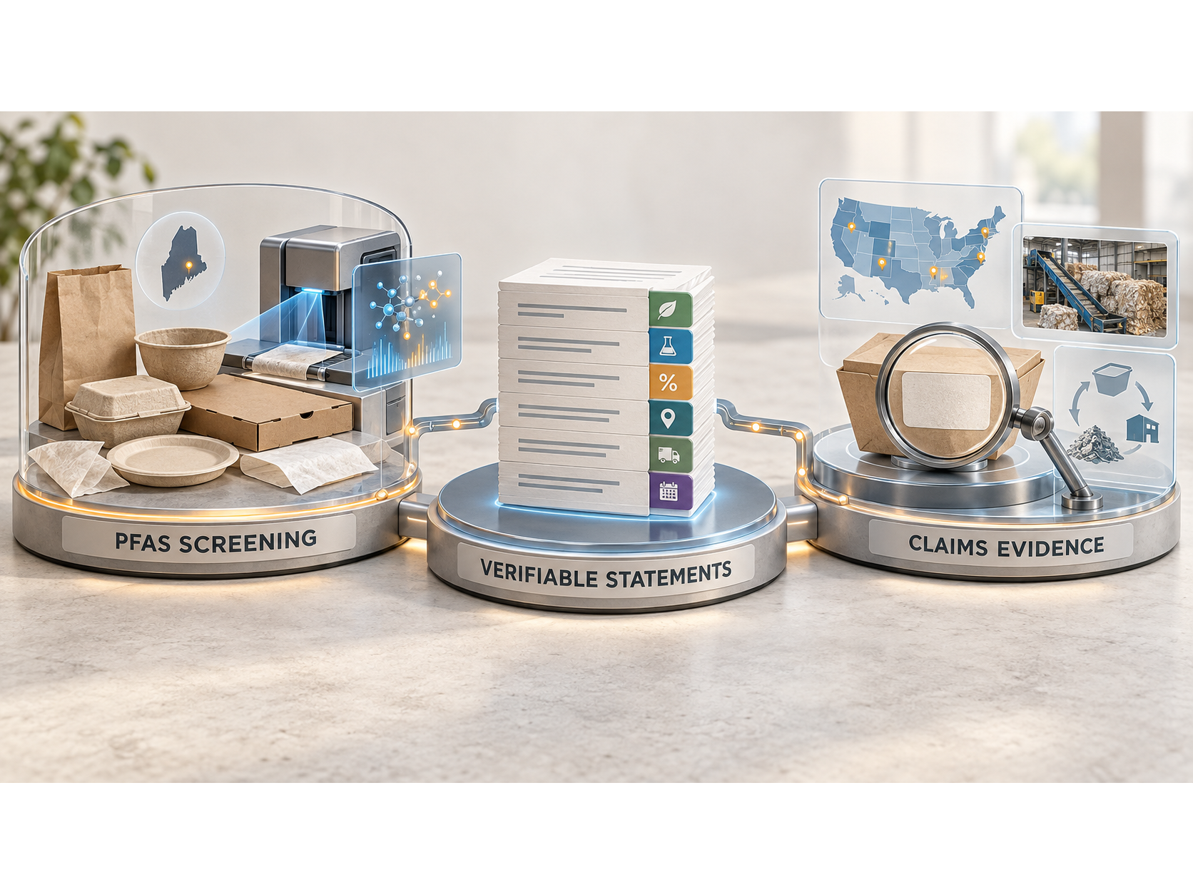 Packaging, test data, and recycling imagery arranged on displays labeled PFAS Screening, Verifiable Statements, and Claims Evidence.