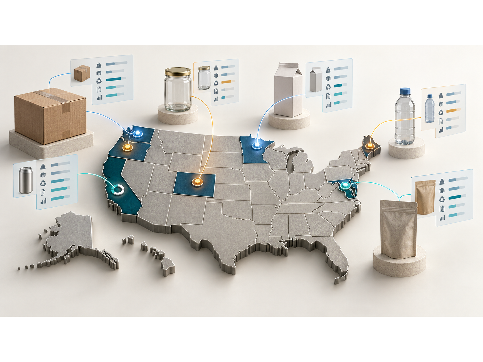 A U.S. map connecting packaging formats to state-level compliance data panels.