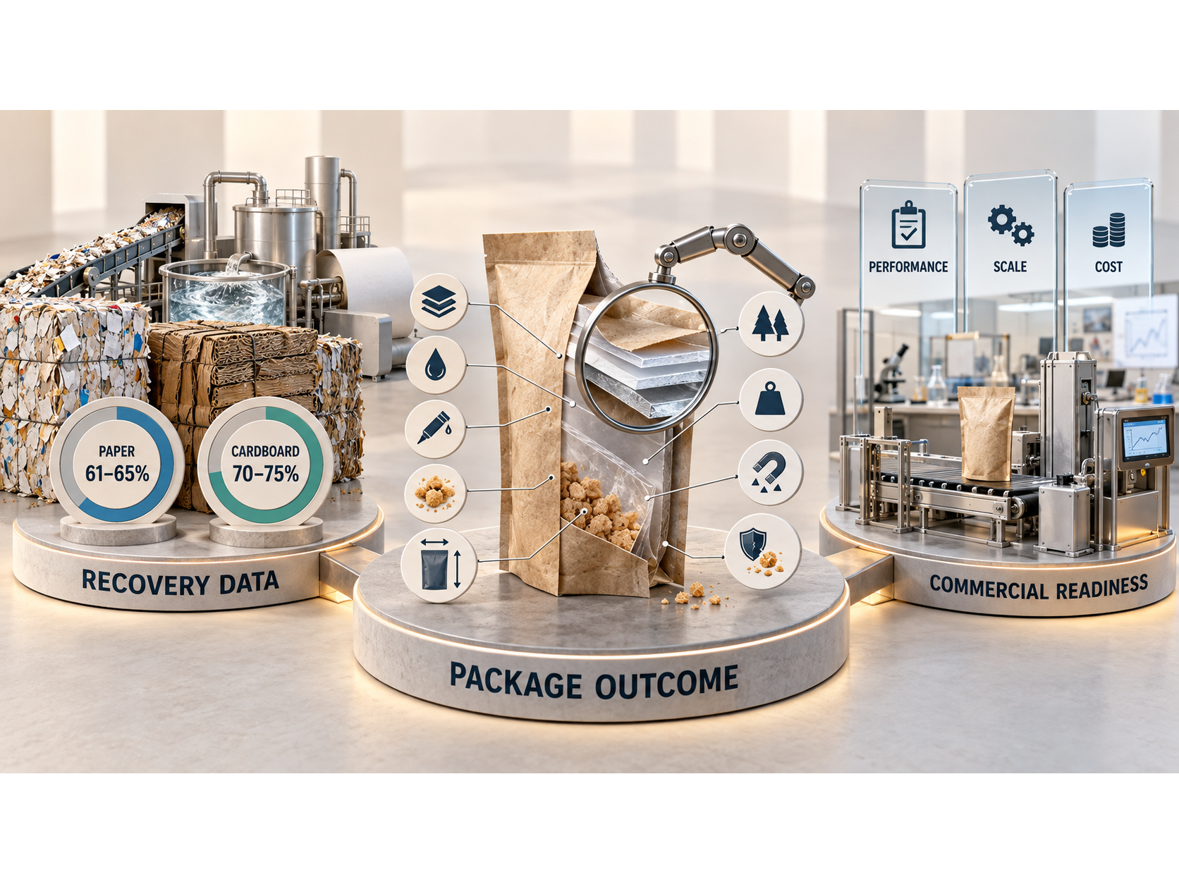 Paper recovery data, a layered flexible pouch, and packaging equipment displayed under Recovery Data, Package Outcome, and Commercial Readiness.