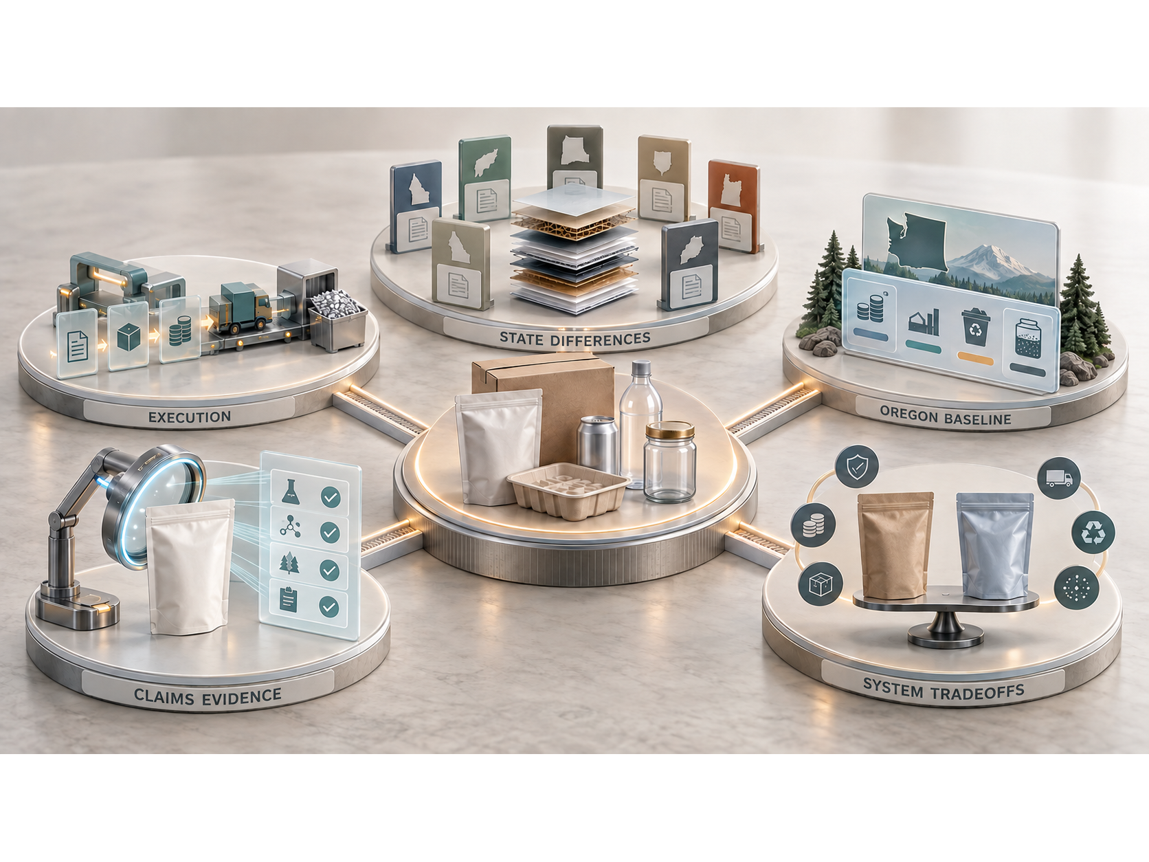 Packaging samples arranged across displays labeled Execution, State Differences, Oregon Baseline, Claims Evidence, and System Tradeoffs.