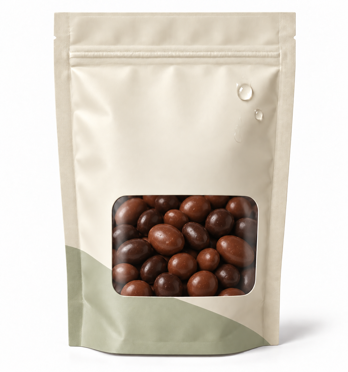Sealed stand-up pouch beside chocolate-covered dates and coated nut pieces