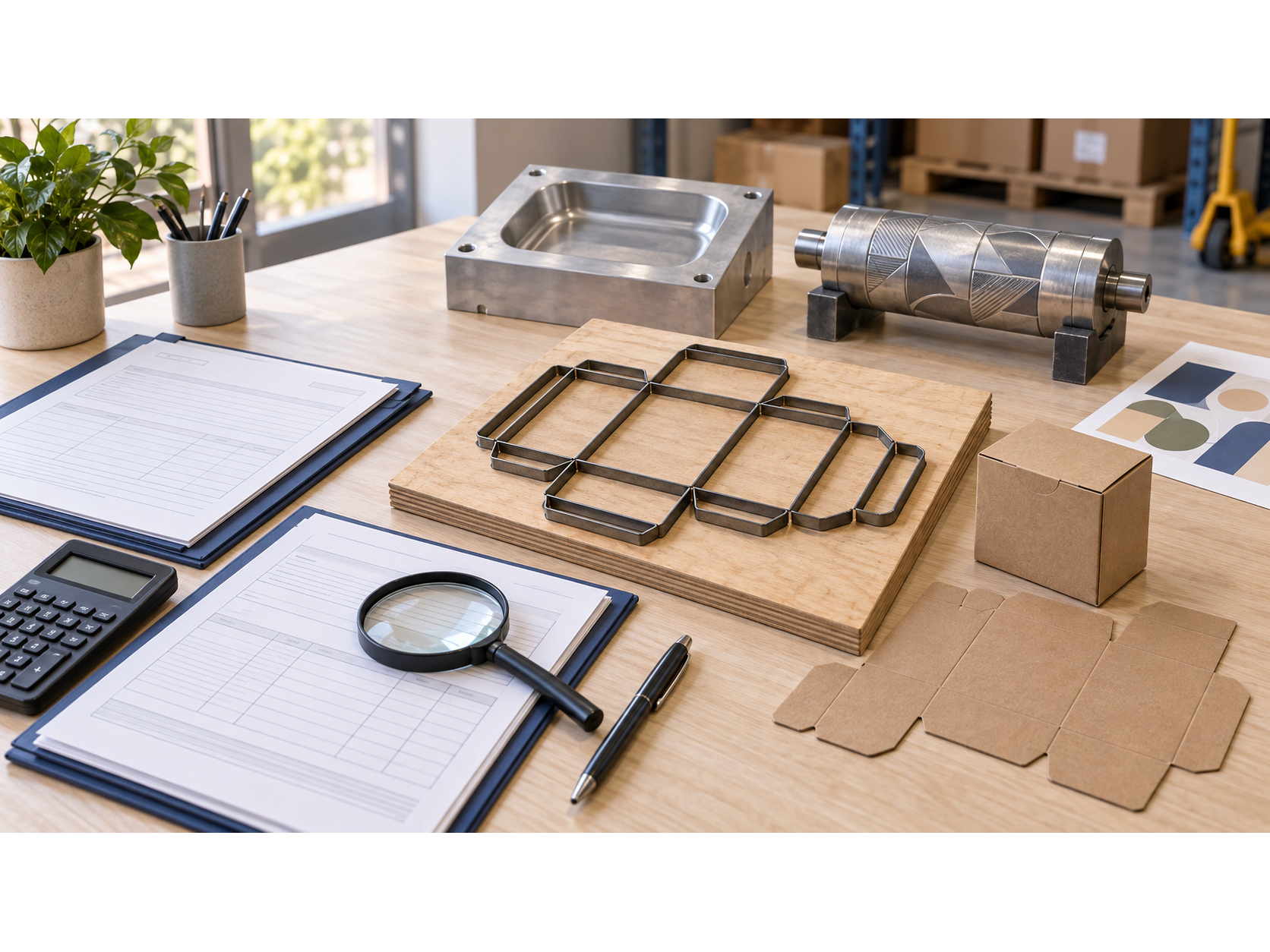 Packaging tooling, including a mold, printing cylinder, and cutting die, beside a sample carton and valuation paperwork.