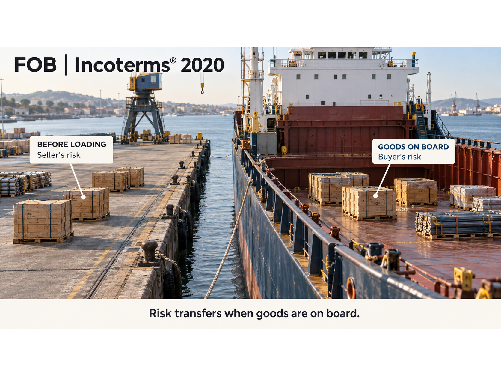 Illustration showing seller risk before loading and buyer risk when goods are on board, labeled FOB Incoterms 2020.