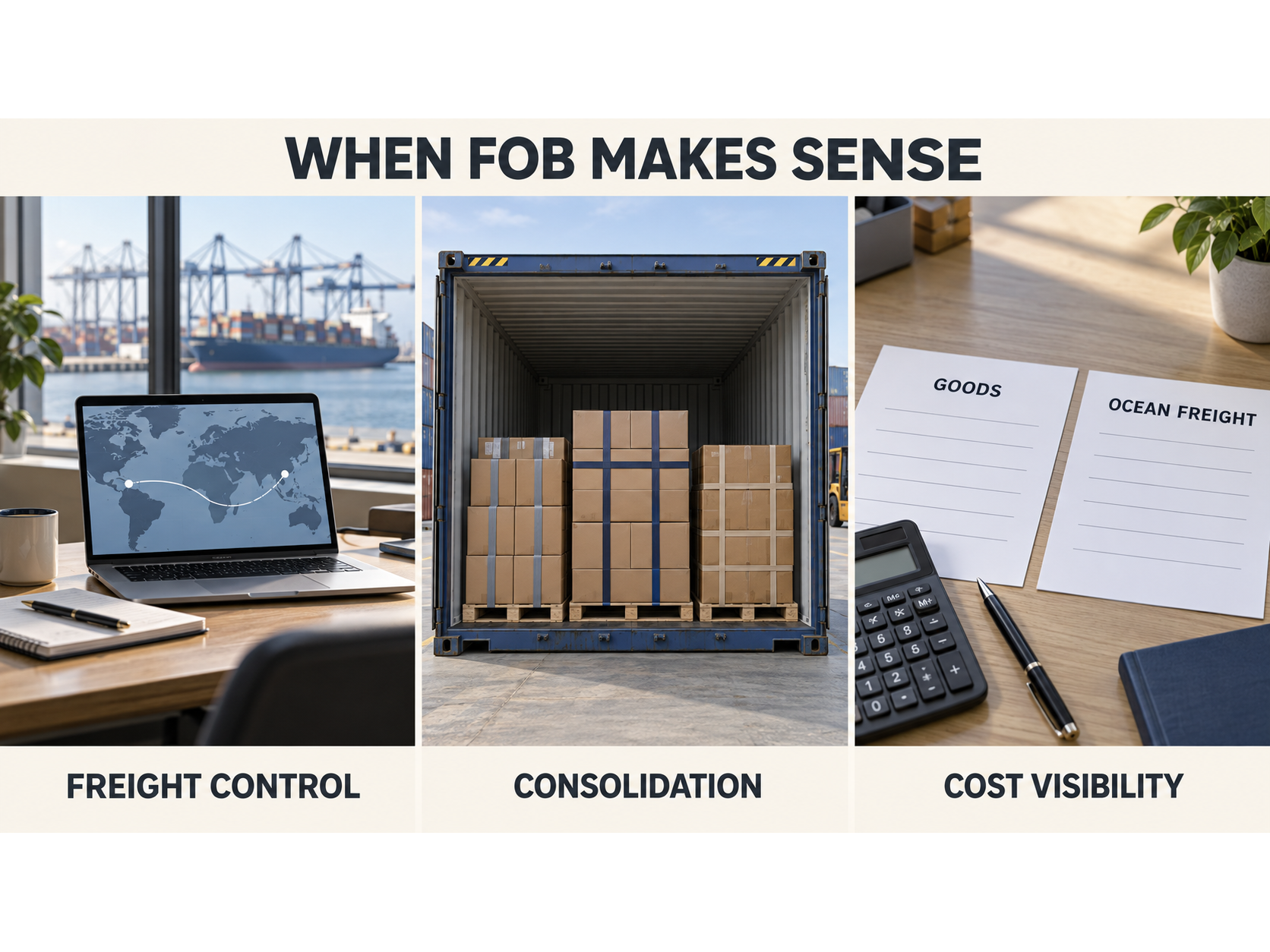 Three-panel illustration of when FOB makes sense: freight control, consolidation, and cost visibility.