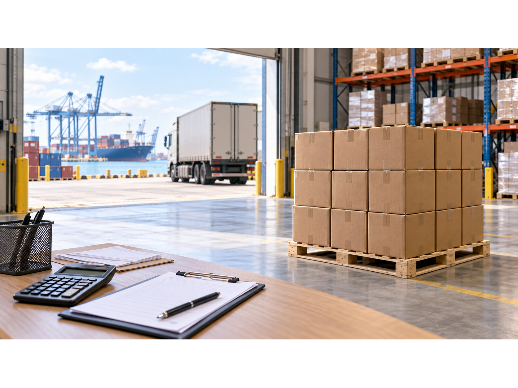 Warehouse scene with cartons on a pallet, a delivery truck, a calculator, and shipping paperwork.
