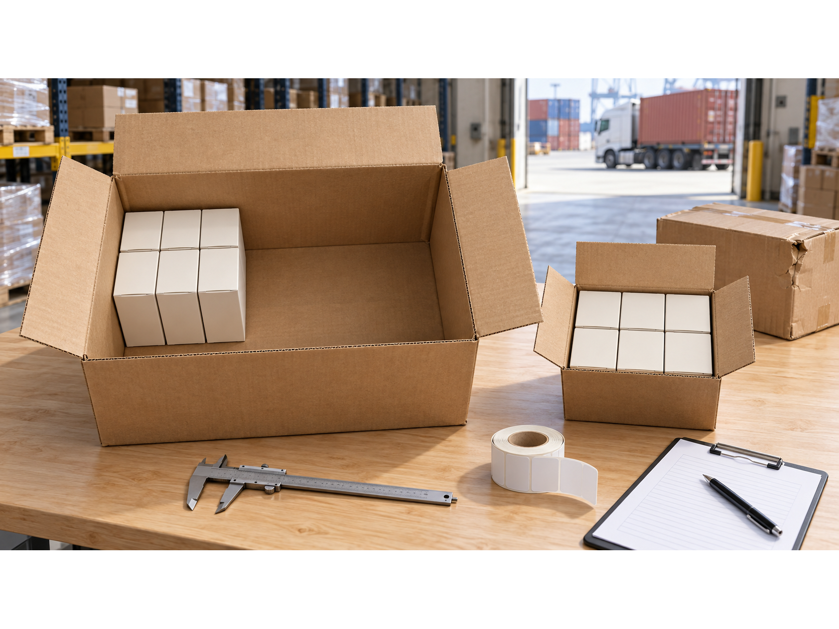 Oversized and tightly packed shipping cartons compared beside a damaged carton, caliper, labels, and inspection paperwork.