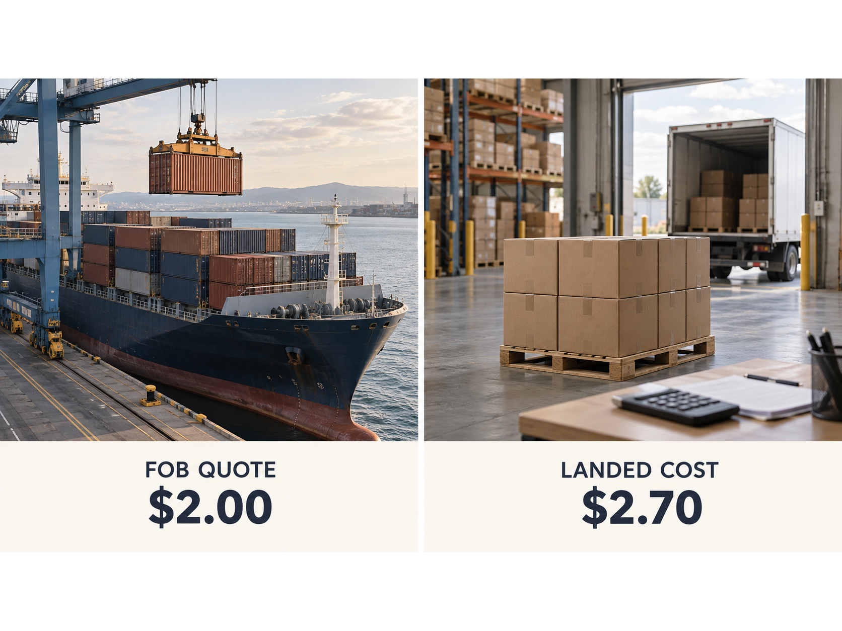 Side-by-side illustration of a $2.00 FOB quote at a shipping port and a $2.70 landed cost at a warehouse.