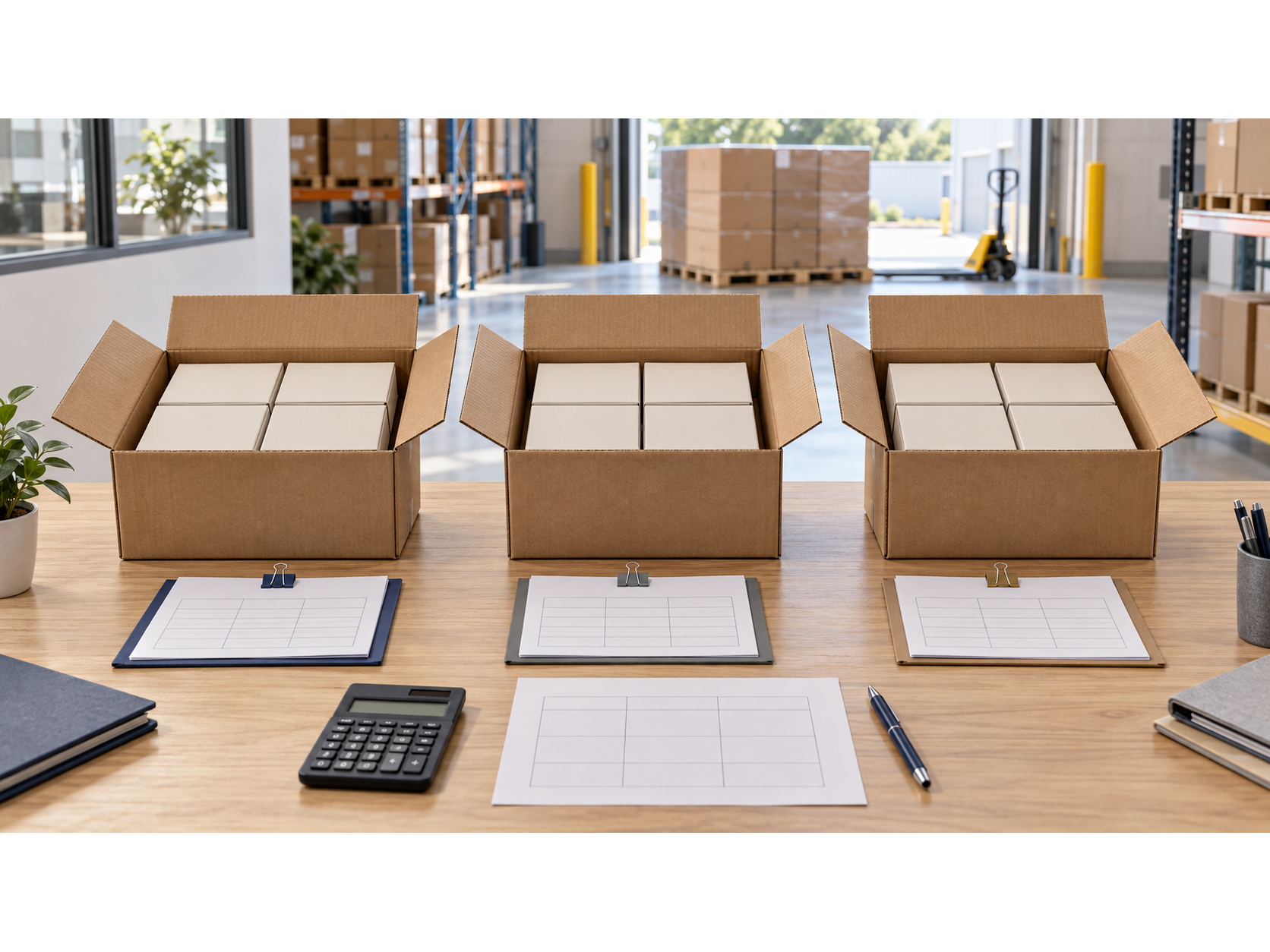 Three similarly packed cartons with separate quote sheets, compared using a shared cost worksheet and calculator.