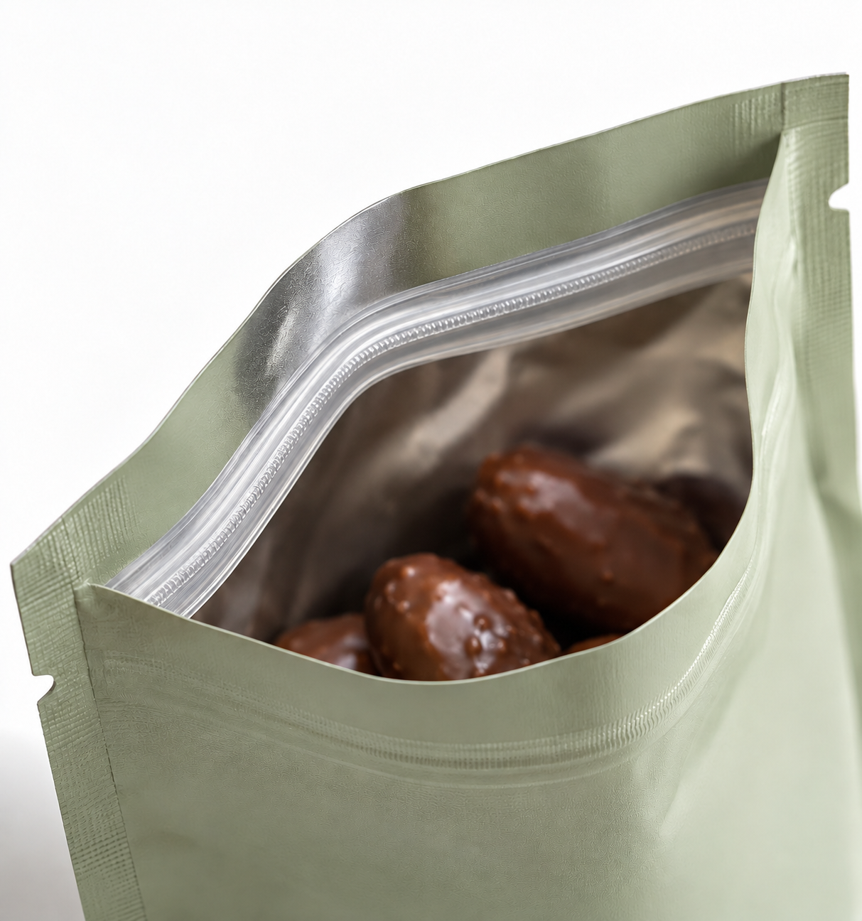 Hand closing a zipper on an opened pouch of chocolate-covered bites